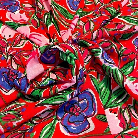 Bright floral square woven cottony fabric scarf in pinks, coral red & periwinkle - Picture 8 of 8